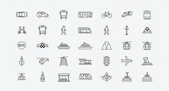 Collection of Hand Drawn Transportation Icons and Symbols.