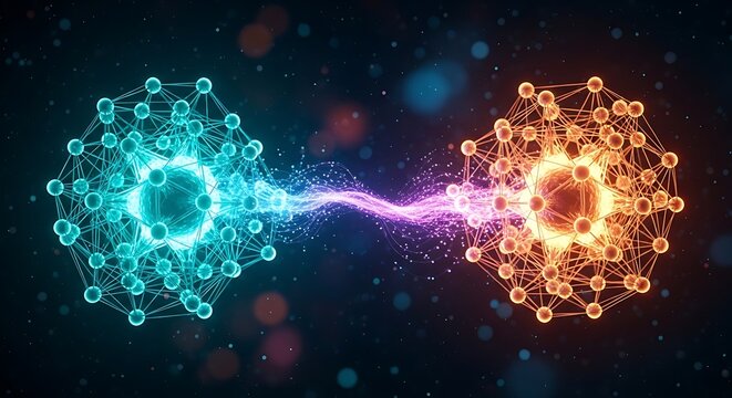 Quantum entanglement concept with glowing blue and orange particle networks