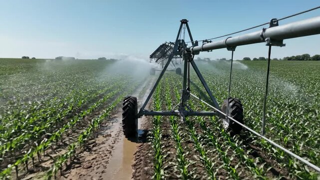 Large irrigation system in a vast field watering young green crops under a clear blue sky
