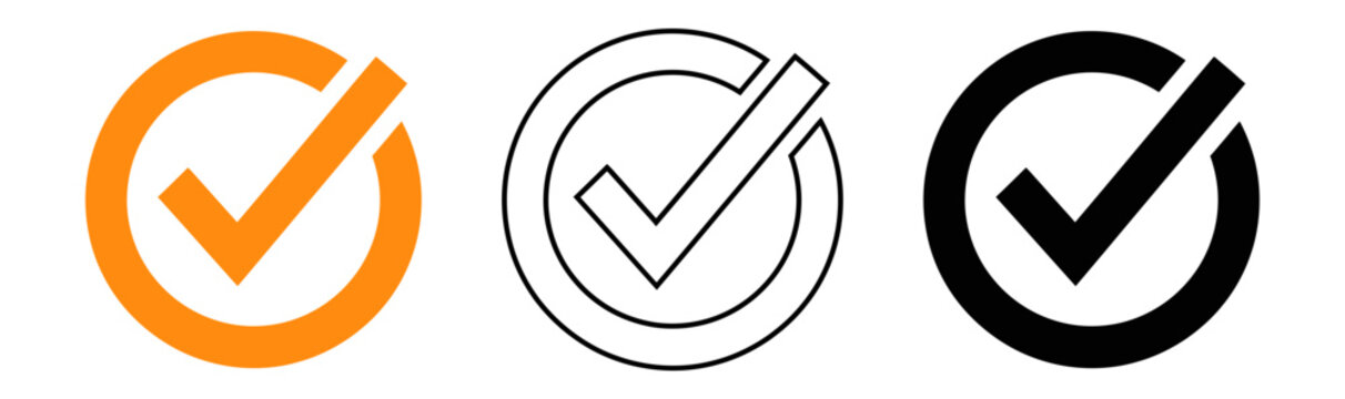 Three check mark icons in different styles color outline and solid