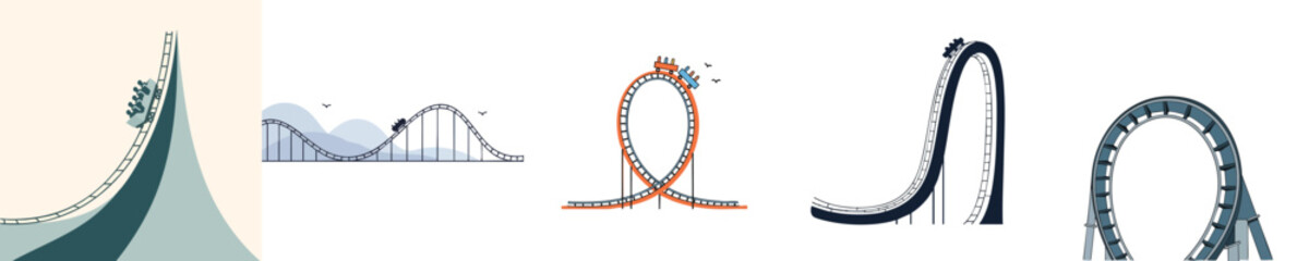 Thrill Ride Roller Coaster Vector Flat Design Amusement Park Loop Track Illustration Set © NineteenVisualStudio