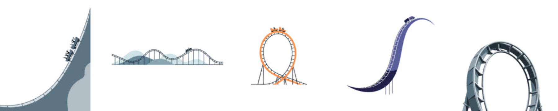 Roller Coaster Vector Flat Design Amusement Park Ride Loop Track Illustration Set
