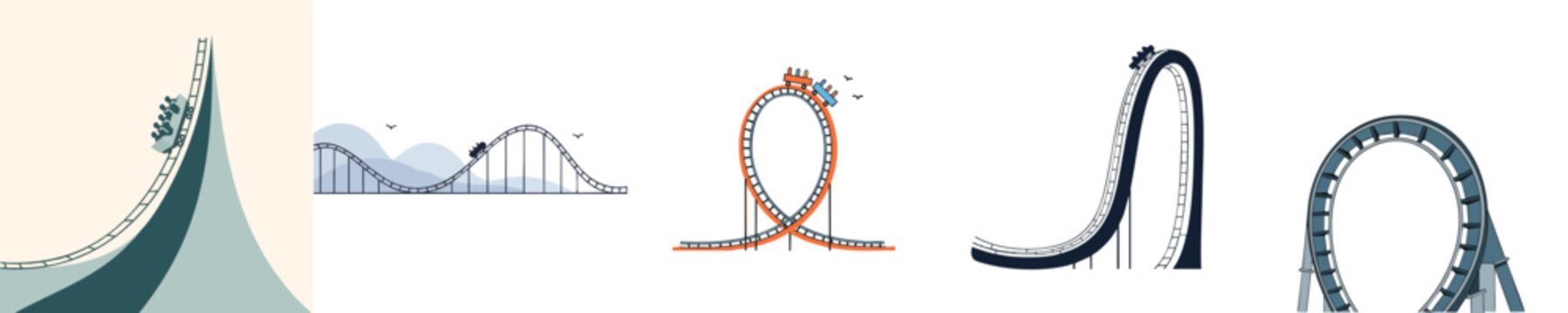 Thrill Ride Roller Coaster Vector Flat Design Amusement Park Loop Track Illustration Set