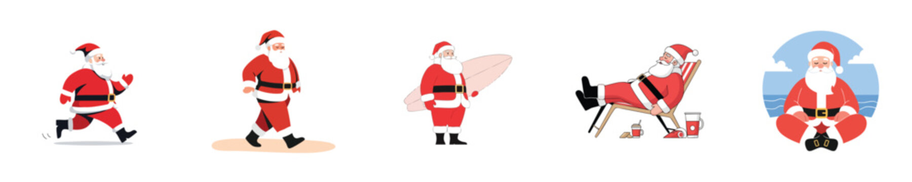 Tropical Santa Vector Flat Design Beach Christmas Holiday Character Summer Vacation Illustration Set