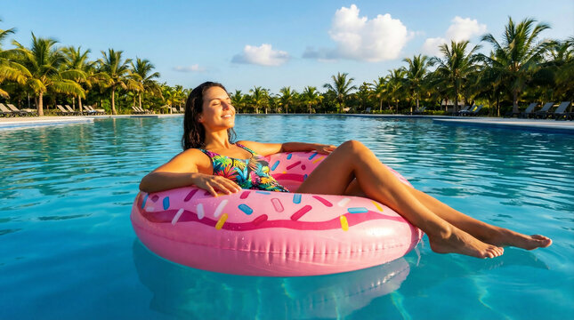 Une femme se relaxe flottant dans une bou&eacute;e en forme de donut dans une piscine exotique &eacute;voquant les vacances