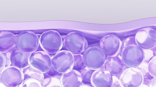 Essence penetrates deep into skin cells, activating cell regeneration, lifting sagging skin, and eliminating facial wrinkles. Purple cells concept for skin care beauty. Cosmetic ad in 3D animation.