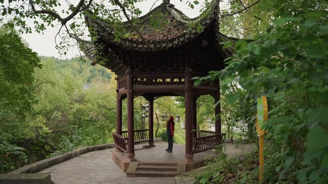 Person in red jacket standing inside wooden pavilion surrounded by lush green trees and stone path camera peeks through leaves, slow reveal, tranquil mood, traditional roof details, bench and railing,