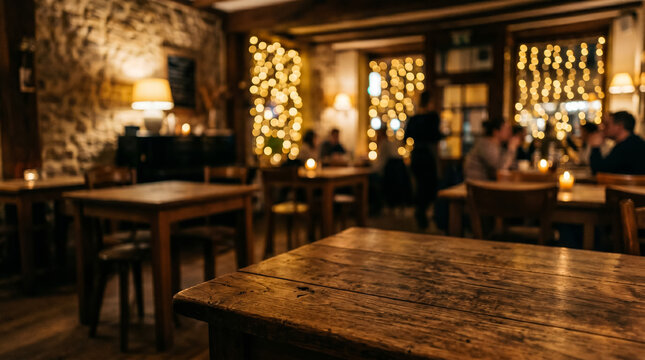 An inviting rustic wooden table stands empty in a cozy, dimly lit restaurant illuminated by warm string lights.