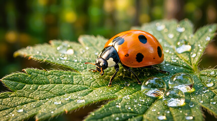 Obraz premium A macro close-up of a small spotted red ladybug beetle resting on a vibrant green leaf in a sunny summer garden