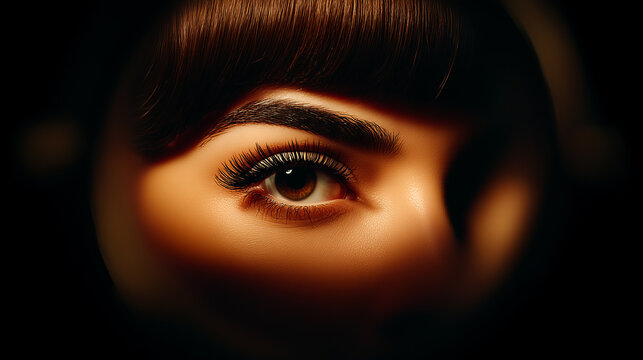 Macro close-up of a woman's eye with soft dramatic lighting, long eyelashes and smooth skin highlighting beauty, elegance and natural makeup