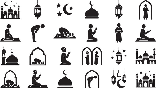 Islamic Prayer Silhouette Icons Set, Muslim Salah Positions, Ramadan Eid Mosque Lantern Symbols Vector Collection