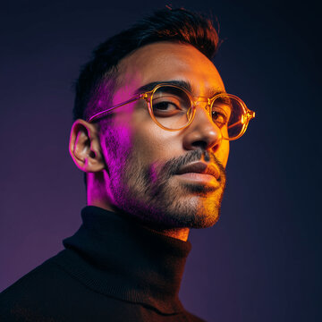 Studio portrait of a modern man wearing a black turtleneck and black glasses.