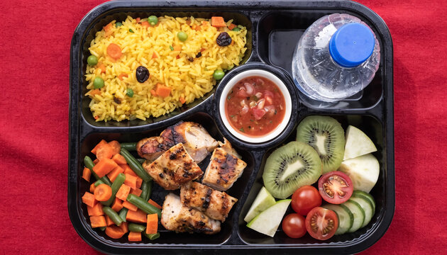 A healthy and balanced pre-packaged meal features grilled chicken, yellow rice, vegetables, fresh fruit, salsa, and a water bottle.