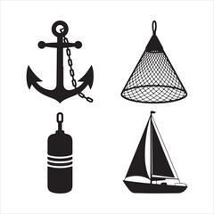 Nautical icons boat anchor buoy and fishing net set vector illustration flat clipart design © AI Vector Stroker