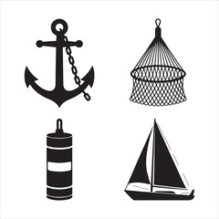 Nautical icons boat anchor buoy and fishing net set vector illustration flat clipart design © AI Vector Stroker