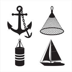 Nautical icons boat anchor buoy and fishing net set vector illustration flat clipart design © AI Vector Stroker