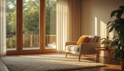 Fototapeta premium A modern and comfortable living room with a plush armchair, a small side table, and large glass doors opening to a serene outdoor view.