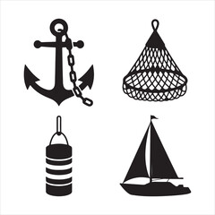 Nautical icons boat anchor buoy and fishing net set vector illustration flat clipart design © AI Vector Stroker