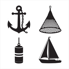 Nautical icons boat anchor buoy and fishing net set vector illustration flat clipart design © AI Vector Stroker