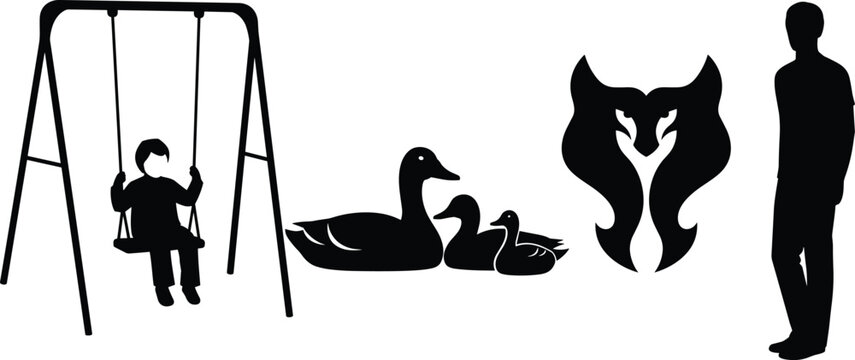 Child on playground swing with protective parent and symbolic wildlife silhouettes representing safety, imagination, and emotional development concept