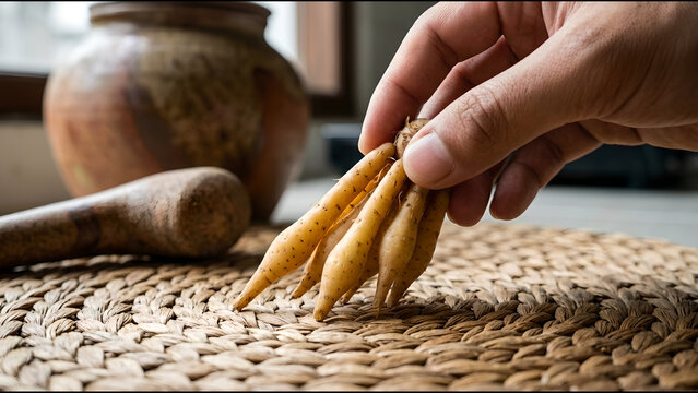 Temu Kunci Rhizome (Boesenbergia rotunda) Small Yellowish Macro Close Up on Palm Leaf Mat with Ceramic Pestle Blurred Rice Jar Background