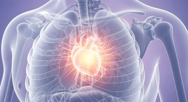 Glowing human heart inside transparent torso anatomy illustration