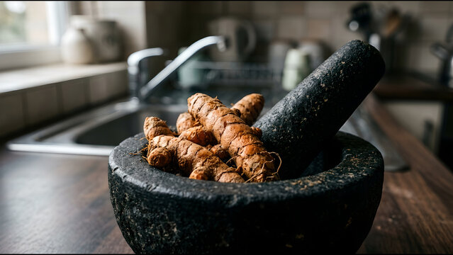 Fresh Turmeric Rhizomes (Curcuma longa) Macro Close Up on Black Granite Mortar with Stone Pestle Blurred Kitchen Sink Background