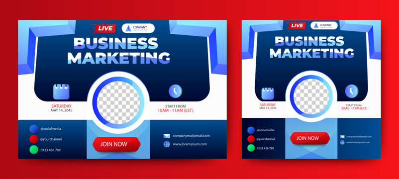 Marketing Business Live Webinar Banner Invitation and Social Media post template. Blue background. Business Converence invitation design. Vector