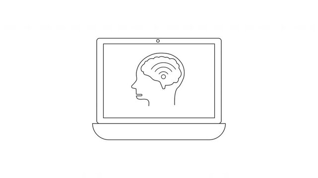 Minimalist Line Art Laptop Displaying Human Brain Scan.