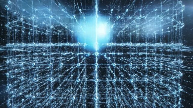 Digital network data grid glowing nodes with futuristic technology blue light abstract background virtual space 3d mesh interconnected points circuit board electronic innovation science computer