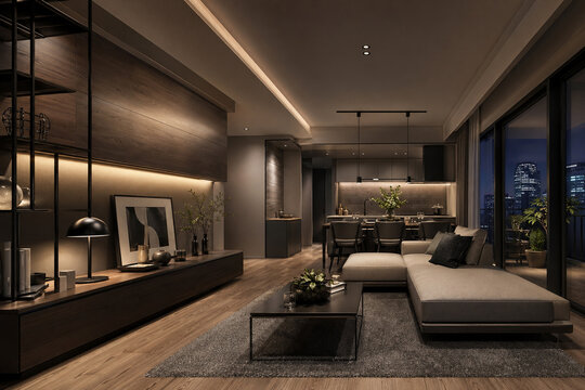 黒メタルと木の温もりが調和する夜のクールモダンリビング空間
Cool modern living room at night with black metal and warm wood accents