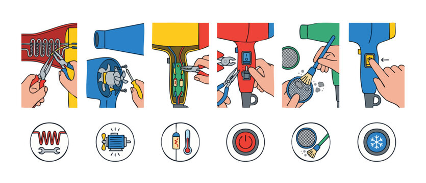 Hairdryer Repair and Maintenance Guide, Step-by-Step Manual Infographic for Household Appliance Troubleshooting, Electrical Device Service Vector Set with Tools and Icons for DIY Home Electronic Fixin