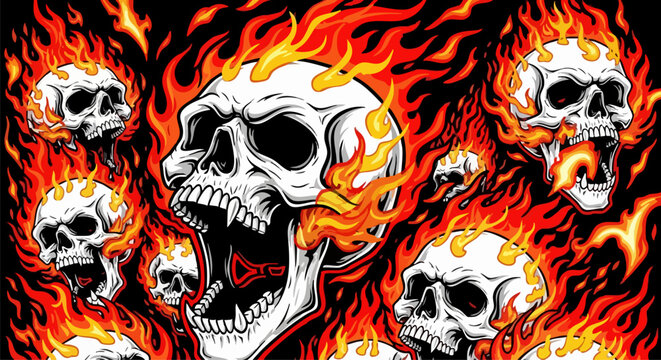 Flaming skulls vector illustration, aggressive burning human skull heads in fire, hellish demon skeletons with orange flames for biker apparel