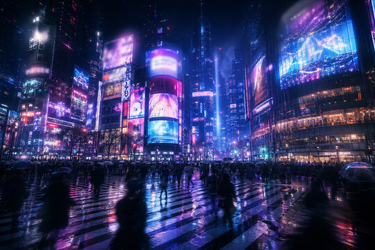 ネオンが滲むサイバーな渋谷スクランブル交差点の近未来都市背景
Cyberpunk-style Shibuya scramble crossing with glowing blurred neon lights