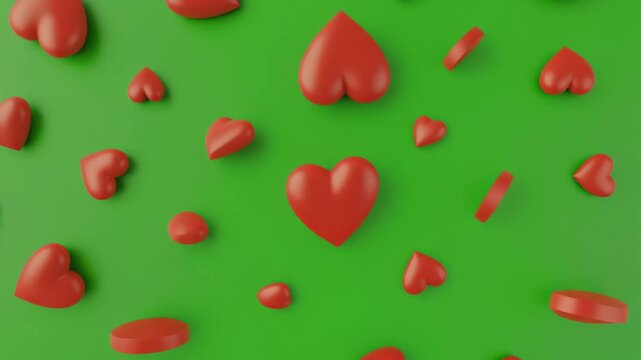 Multiple red 3D heart shapes scattered across bright green background, varying sizes and orientations, vivid dynamic color contrast.