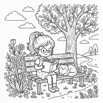 Cute girl with glasses sitting on wooden bench under leafy tree, reading storybook with fluffy cat beside her in peaceful garden with flowers and clouds