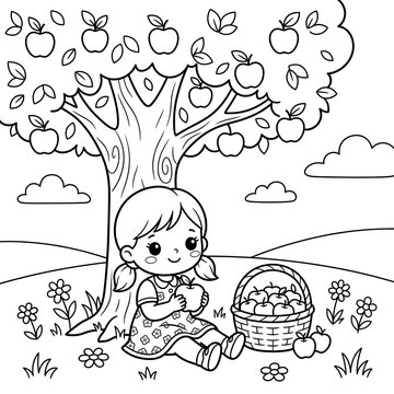 Little girl sitting under apple tree holding apple with basket full of apples nearby in field with flowers and clouds, cheerful outdoor scene for coloring book