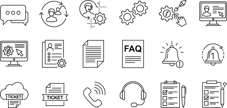 Set of Customer Support, Ticketing, and FAQ Icons in Line Art Style for Help Desk, Service Management, and Call Center Solutions