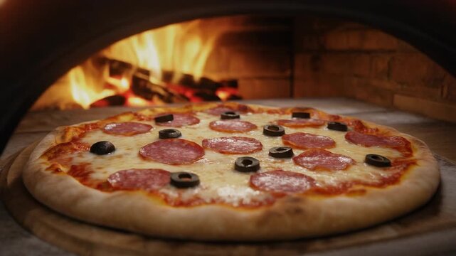 Wood-fired brick oven pizza with golden crust, pepperoni, olives, melted cheese, and glowing flame highlighting traditional baking.