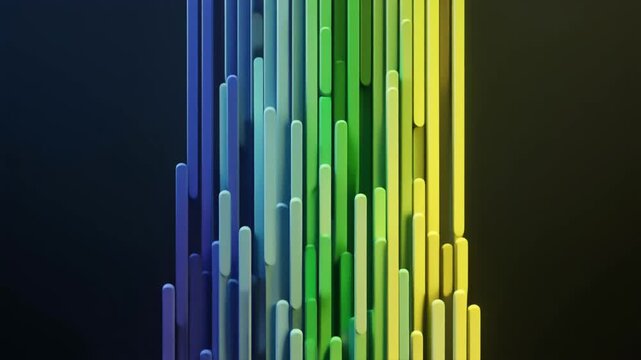 Vertical cylindrical shapes in gradient from dark blue to bright yellow, arranged against dark background, modern abstract digital composition.