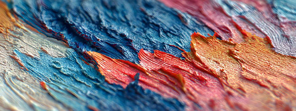 Close-up of an abstract painting texture background with complementary colors of blue and orange, with oil or acrylic brushstrokes and pallet knife paint on canvas.