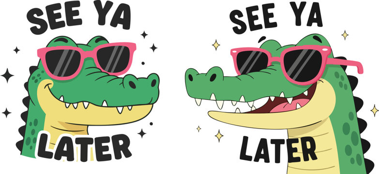 Cartoon crocodile with sunglasses vector, funny alligator see ya later quote, cool reptile character with pink shades, summer animal mascot