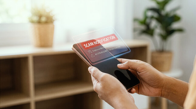 Close up of a person holding a smartphone displaying a red holographic scam notification warning against clicking suspicious links.