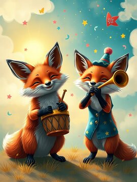 Whimsical foxes embrace circus magic, one drumming with glee, the other tooting a horn beneath a whimsical sky,  fun,  ferris wheel