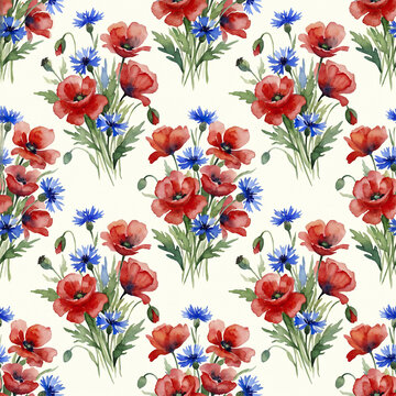 Watercolor floral pattern with red poppy and blue cornflower clusters, green leaves on white background, creating vibrant and elegant seamless textile design