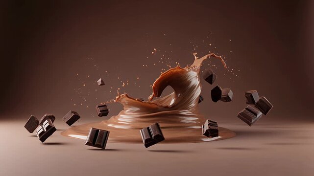Rich Chocolate Splash with Falling Chunks in Slow Motion. Dynamic splash of creamy chocolate liquid with pieces of dark chocolate falling into it