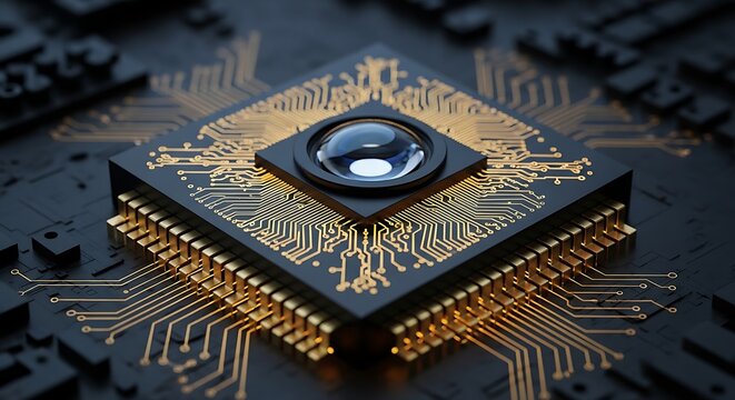 Closeup of a hightech computer processor chip with an integrated camera lens