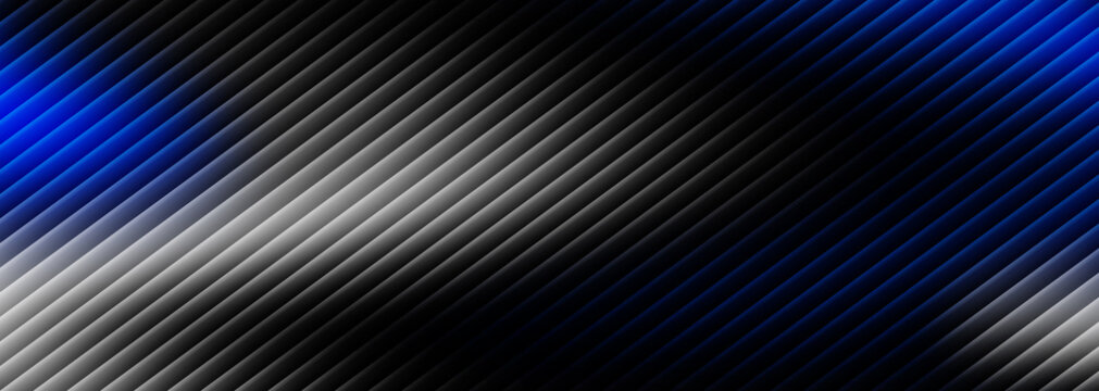 Abstract graphic design background featuring sleek diagonal lines with smooth gradients of cool blue and deep black metallic textures throughout