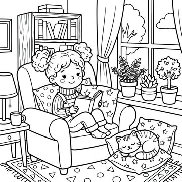 Little girl sitting on armchair reading book with cat sleeping on pillow near window with plant pots and bookshelf in cozy living room scene for relaxing time