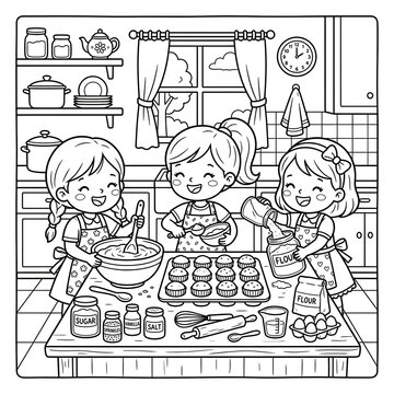 Three little girls happily baking cupcakes together in kitchen with ingredients like flour, sugar, and eggs on table, enjoying fun cooking activity